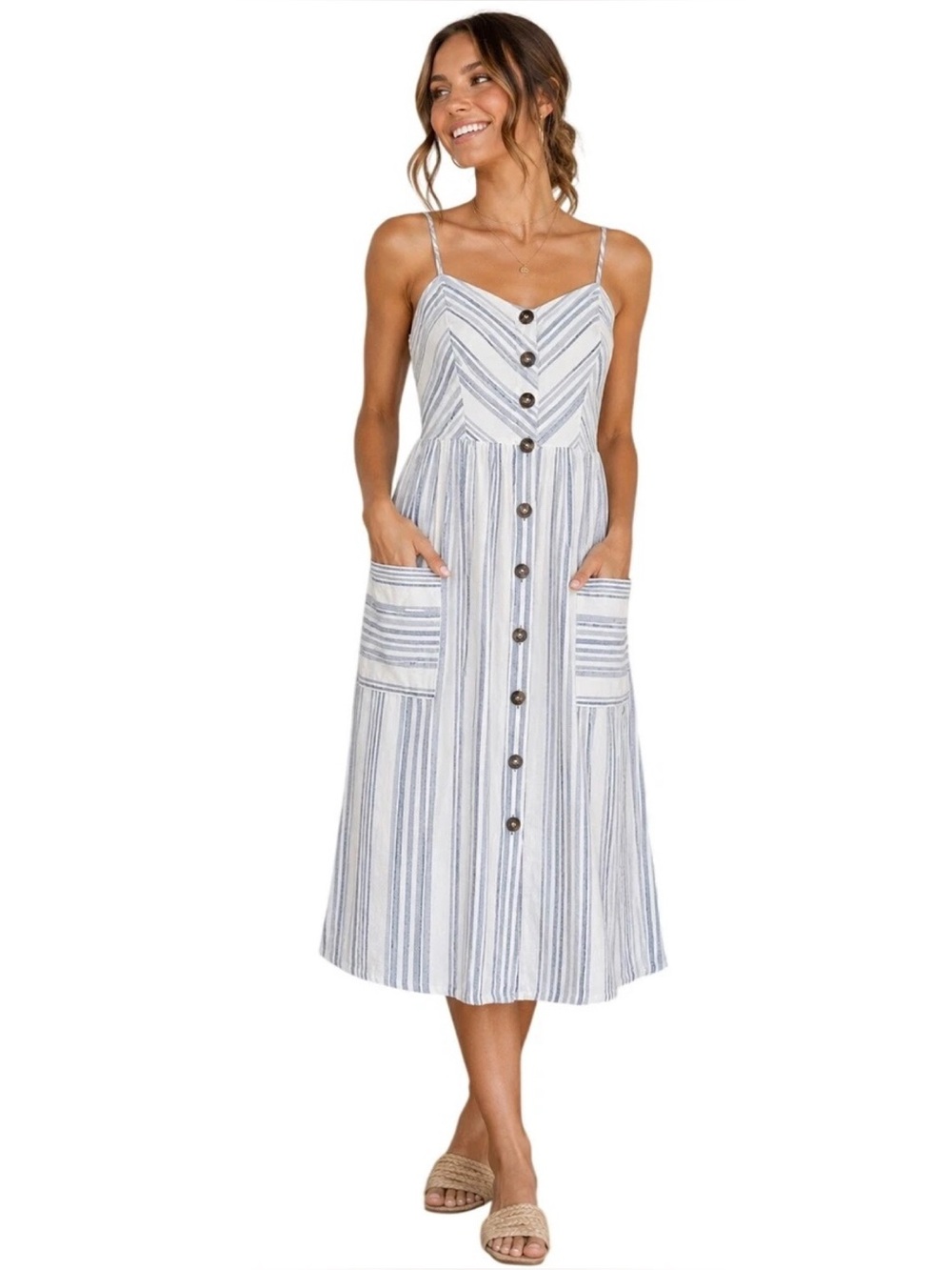 Japna V-Neck Mixed Striped Button Down Midi Dress 100% Cotton *Read*